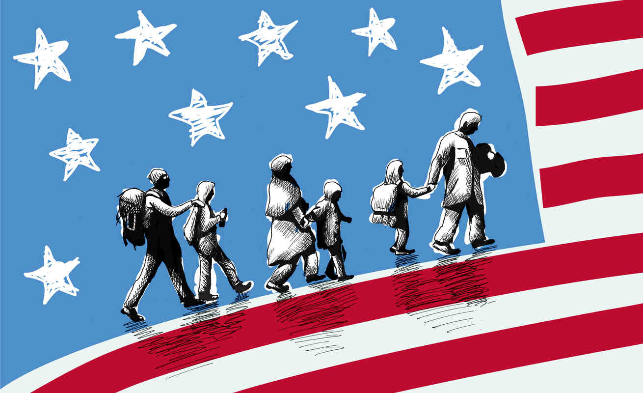 An illustration of a group of people, including adults and children, walking with bags against a backdrop of a stylized American flag, representing immigration and potential mass deportations